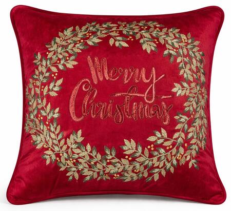 Clodette Cuscino in Velluto Rosso con Ricamo Ghirlanda di Alloro “Merry Christmas” e Interno 47x47 cm