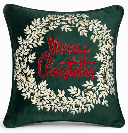 Clodette Cuscino in Velluto Verde con Ricamo Ghirlanda di Alloro “Merry Christmas” e Interno 47x47 cm
