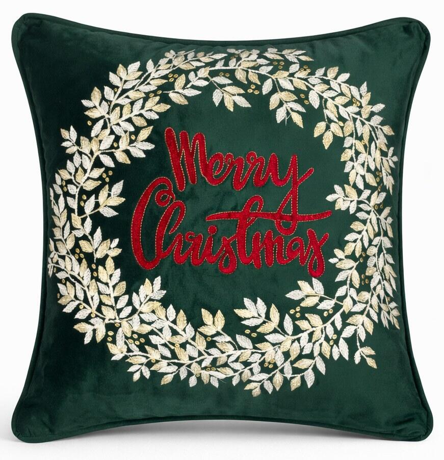 Clodette Cuscino in Velluto Verde con Ricamo Ghirlanda di Alloro “Merry Christmas” e Interno 47x47 cm