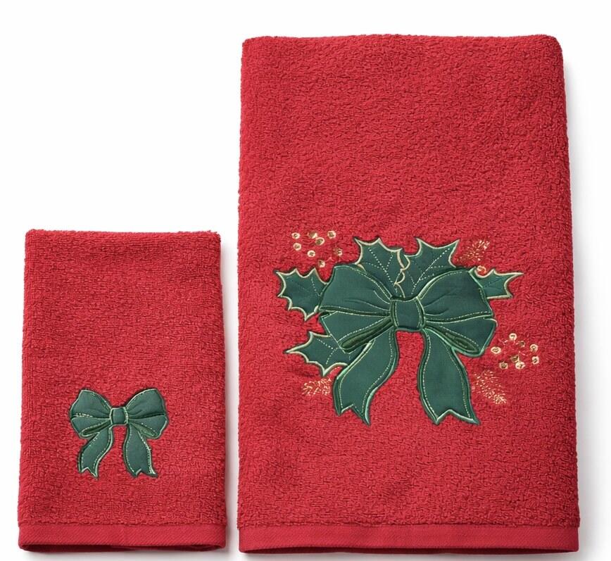 Clodette Set 2 Asciugamani in Spugna Rossa con Fiocco e Agrifoglio Ricamati, Collezione Ribbon