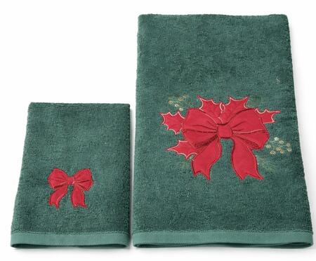 Clodette Set 2 Asciugamani in Spugna Verde con Fiocco e Agrifoglio Ricamati, Collezione Ribbon