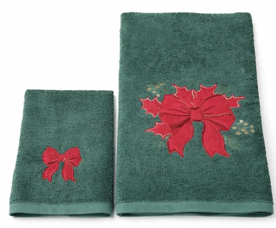 Clodette Set 2 Asciugamani in Spugna Verde con Fiocco e Agrifoglio Ricamati, Collezione Ribbon
