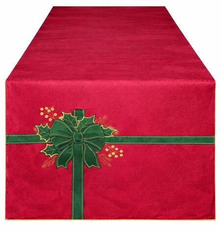 Clodette Runner in Velluto Rosso con Ricamo Fiocco e Agrifoglio, Collezione Ribbon 160x40 cm