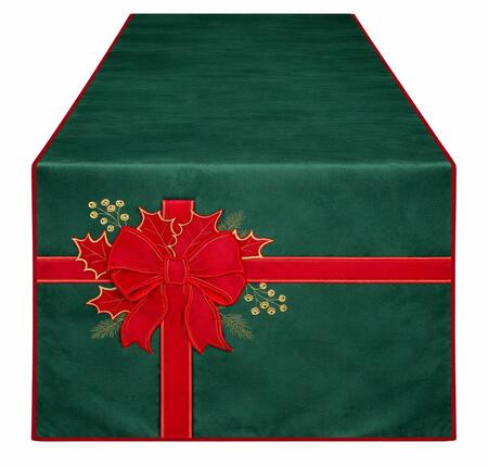 Clodette Runner in Velluto Verde con Ricamo Fiocco e Agrifoglio, Collezione Ribbon 160x40 cm