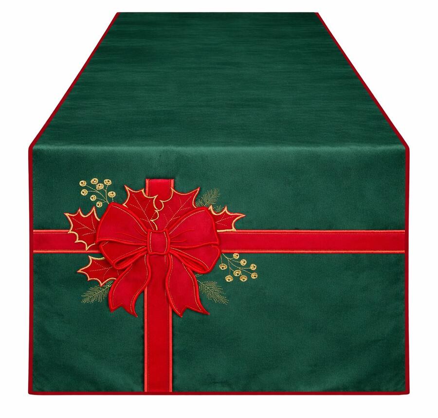 Clodette Runner in Velluto Verde con Ricamo Fiocco e Agrifoglio, Collezione Ribbon 160x40 cm