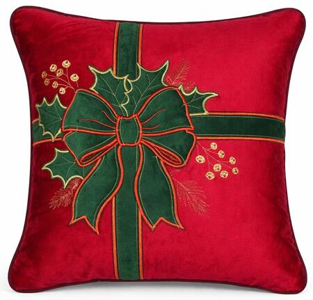 Clodette Cuscino in Velluto Rosso con Ricamo Fiocco e Agrifoglio e Interno, Collezione Ribbon 47x47 cm