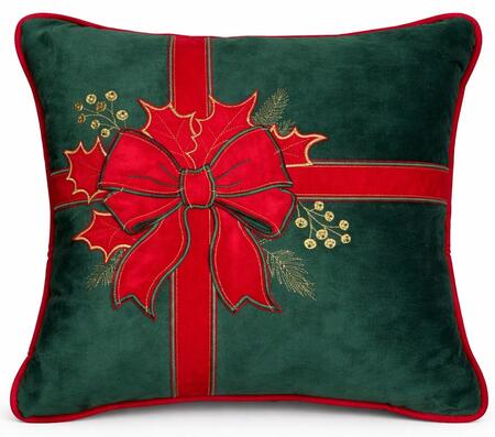 Clodette Cuscino in Velluto Verde con Ricamo Fiocco e Agrifoglio e Interno, Collezione Ribbon 47x47 cm