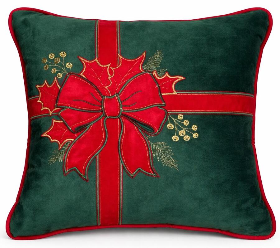 Clodette Cuscino in Velluto Verde con Ricamo Fiocco e Agrifoglio e Interno, Collezione Ribbon 47x47 cm