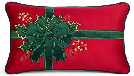 Clodette Cuscino Rettangolare in Velluto Rosso con Ricamo Fiocco e Agrifoglio e Interno, Collezione Ribbon 50x30 cm
