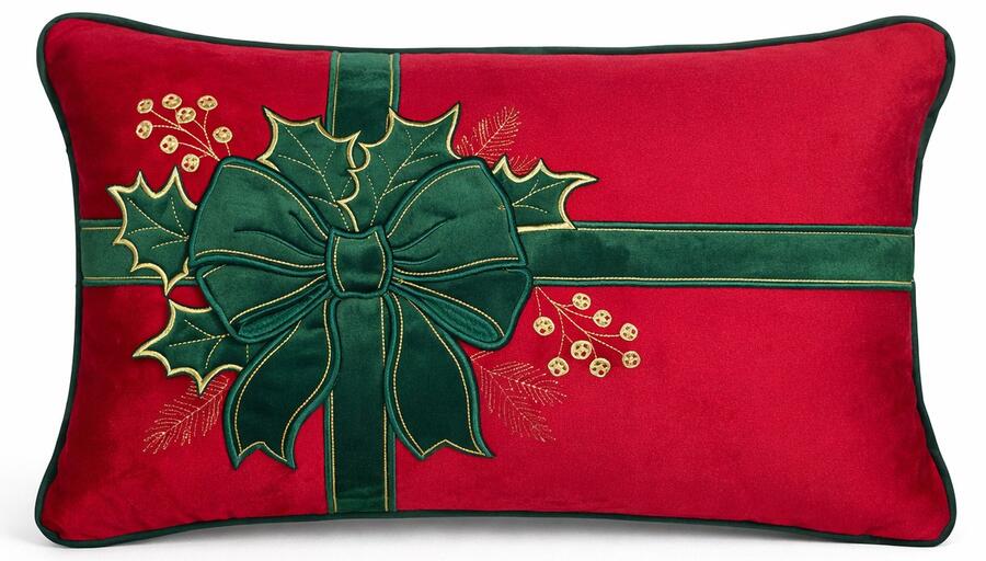 Clodette Cuscino Rettangolare in Velluto Rosso con Ricamo Fiocco e Agrifoglio e Interno, Collezione Ribbon 50x30 cm