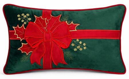 Clodette Cuscino Rettangolare in Velluto Verde con Ricamo Fiocco e Agrifoglio e Interno, Collezione Ribbon 50x30 cm