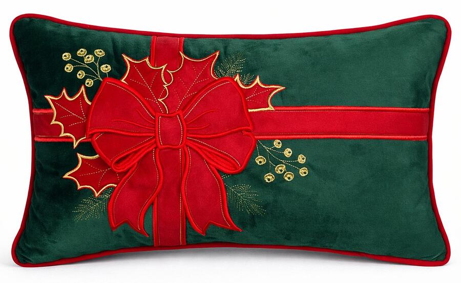 Clodette Cuscino Rettangolare in Velluto Verde con Ricamo Fiocco e Agrifoglio e Interno, Collezione Ribbon 50x30 cm
