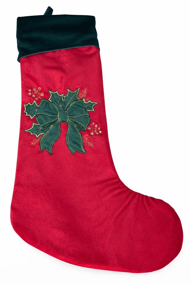 Clodette Calza Natalizia in Velluto Rosso con Ricamo Fiocco e Agrifoglio, Collezione Ribbon 45x27 cm