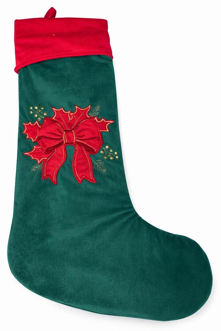 Clodette Calza Natalizia in Velluto Verde con Ricamo Fiocco e Agrifoglio, Collezione Ribbon 45x27 cm