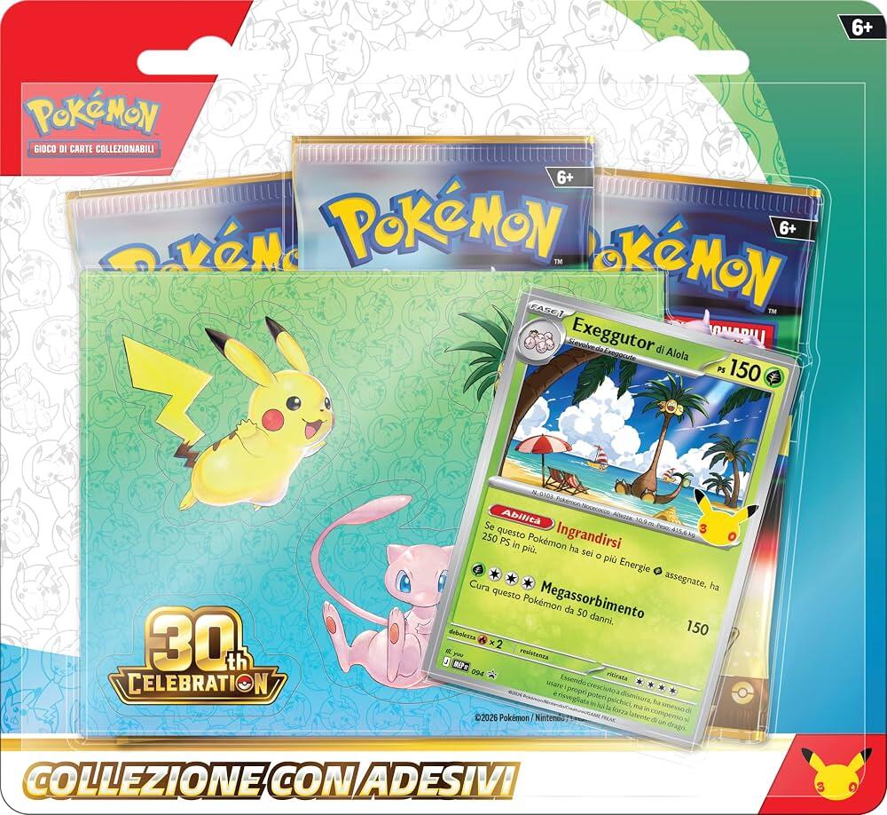 Pokemon 30° anniversario collezione con adesivi exxeggutor di alola ita