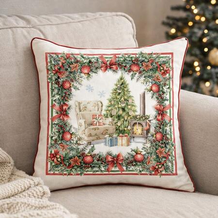Clodette Cuscino in Cotone Stampato con Scena Natalizia e Interno, Collezione Cortina 45x45 cm
