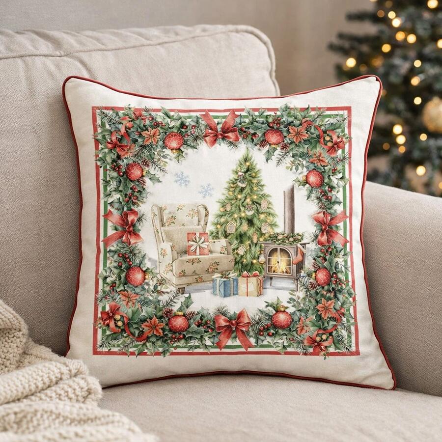 Clodette Cuscino in Cotone Stampato con Scena Natalizia e Interno, Collezione Cortina 45x45 cm