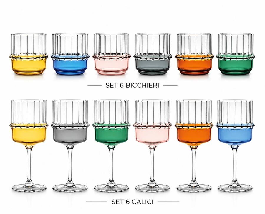 Fade Set 12 Pezzi Cherish — 6 Bicchieri e 6 Calici in Vetro Borosilicato Colori Assortiti