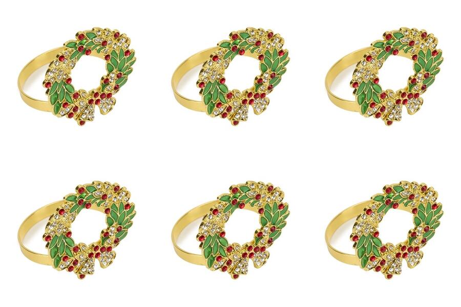 Fade Set 6 Segnaposto Ghirlanda in Metallo Dorato con Smalto Verde e Strass
