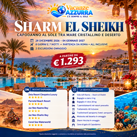 28 DICEMBRE 2026 SHARM EL-SHEIKH CAPODANNO AL SOLE TRA MARE CRISTALLINO E DESERTO