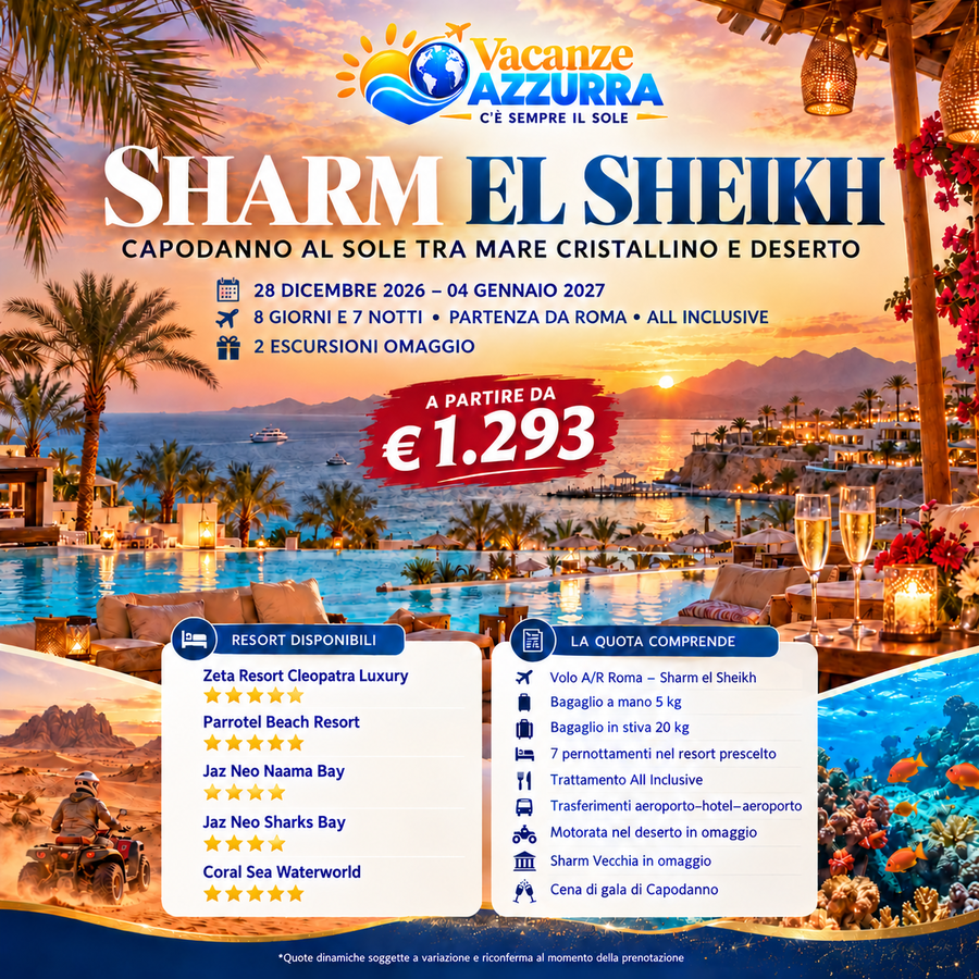 28 DICEMBRE 2026 SHARM EL-SHEIKH CAPODANNO AL SOLE TRA MARE CRISTALLINO E DESERTO
