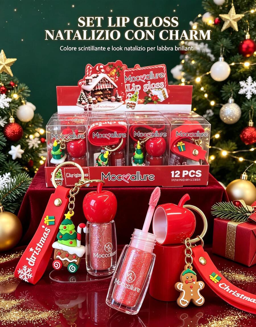 Mocmallure Set Lip Gloss Natalizio Con Charm [Conf.da 12 set]