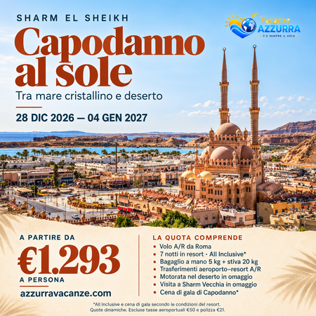 28 DICEMBRE 2026 SHARM EL-SHEIKH CAPODANNO AL SOLE TRA MARE CRISTALLINO E DESERTO