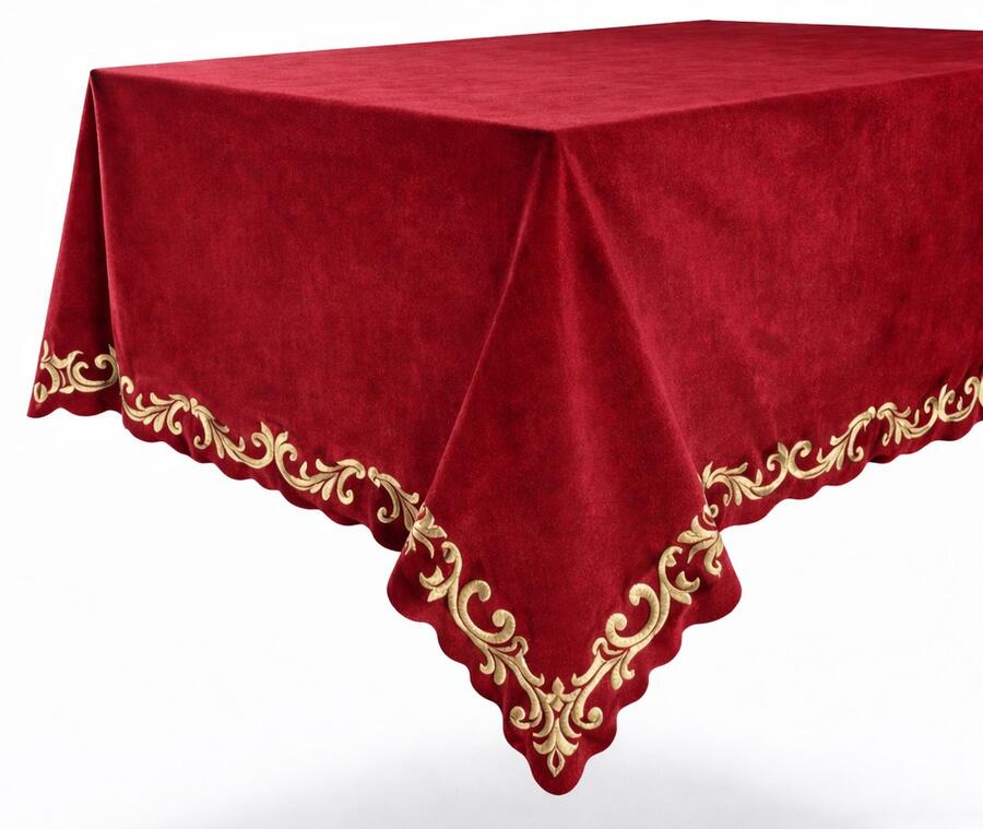 Clodette Tovaglia in Velluto Rosso con Ricamo Oro Barocco — 145x270 cm, Natale