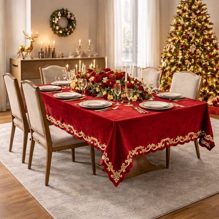 Clodette Tovaglia in Velluto Rosso con Ricamo Oro Barocco — 145x270 cm, Natale