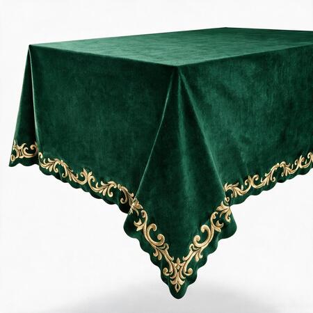 Clodette Tovaglia in Velluto Verde con Ricamo Oro Barocco — 145x270 cm, Natale