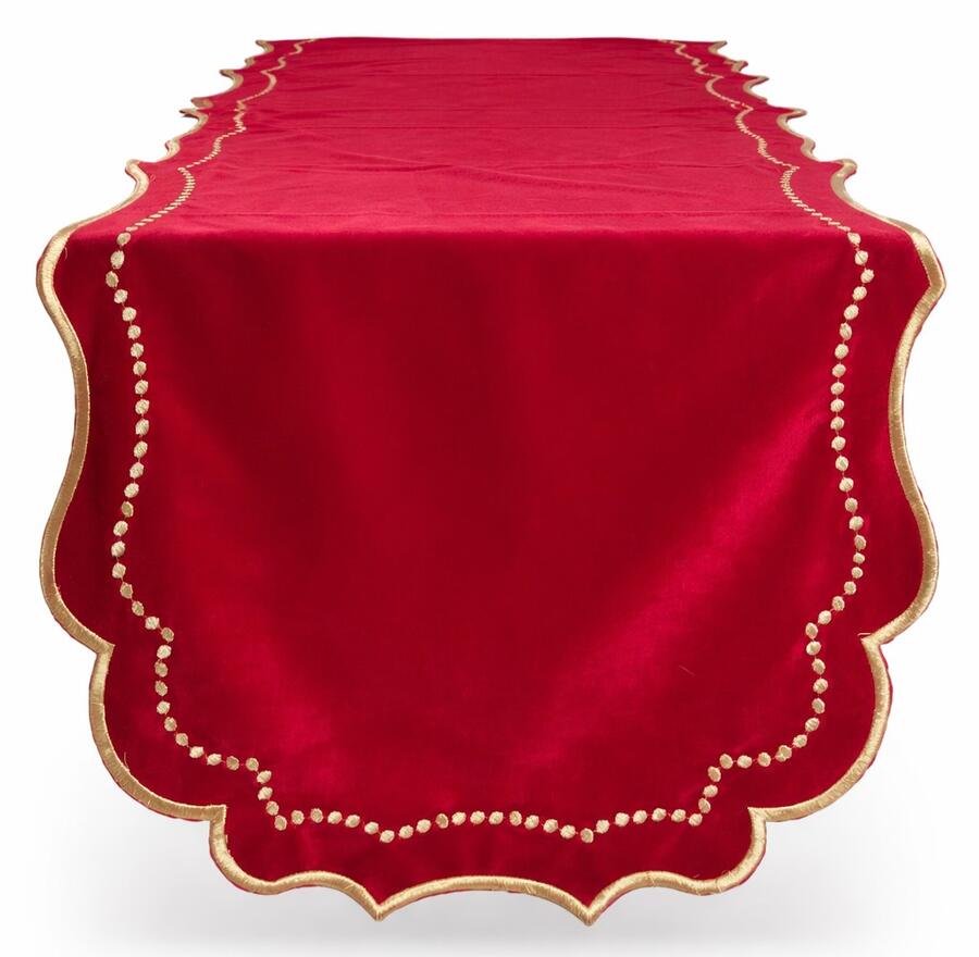 Clodette Runner in Velluto Rosso con Ricamo Pallini Oro — 49x140 cm, Natale