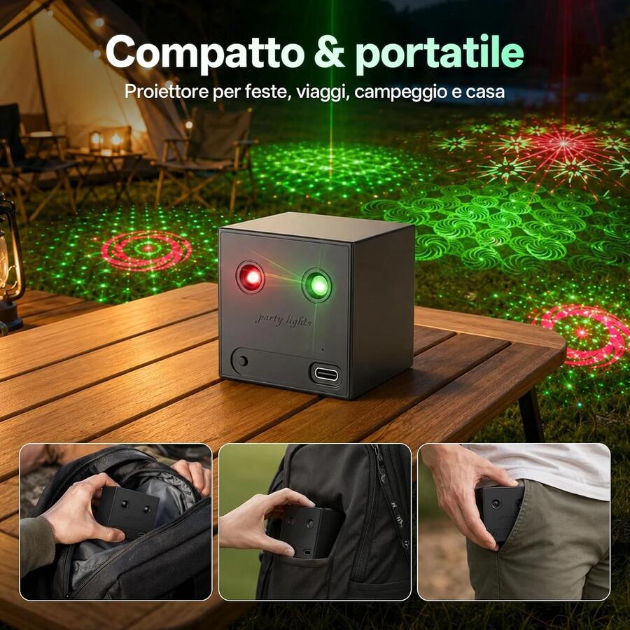 Mini Proiettore Luci Laser Party e Feste-Ricaricabile USB-C per Discoteca e Natale