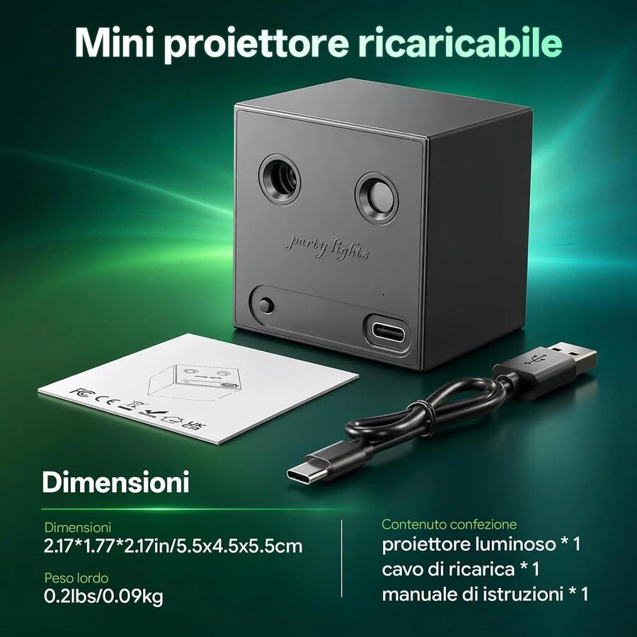Mini Proiettore Luci Laser Party e Feste-Ricaricabile USB-C per Discoteca e Natale