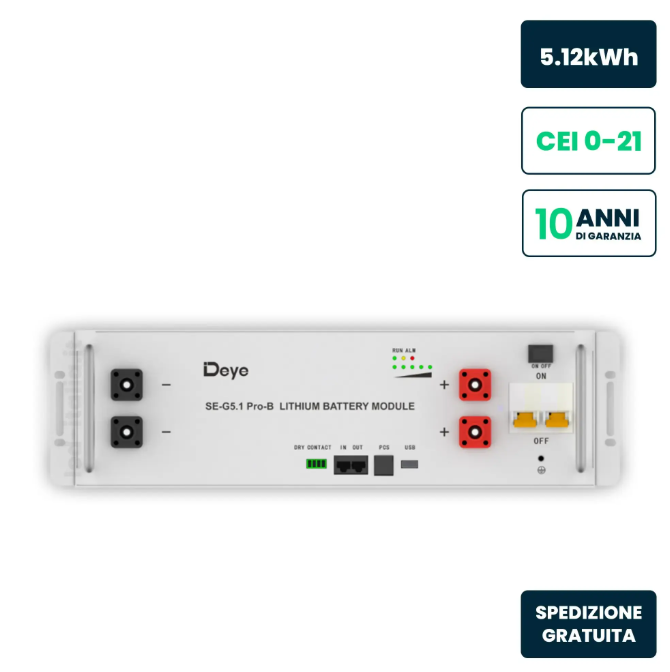Batteria di Accumulo Deye LV 5.12kWh PRO LFP 51.2V 100Ah 100A CEI 0-21 Bianca