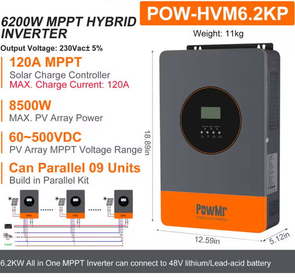 Kit 6.2kW Inverter PowMr + Batteria Litio Datou Boss 16kw quadro Ac e Dc wifi gia' Cablato 