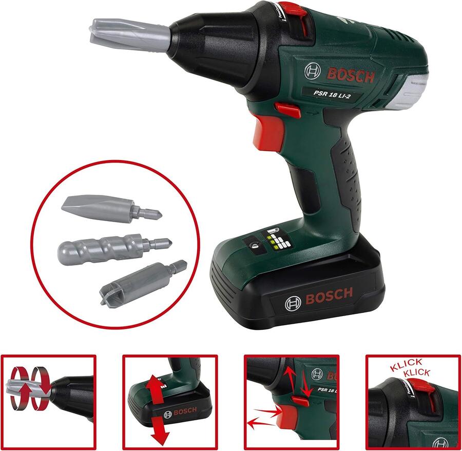 Theo Klein 8567 Avvitatore a Batteria Bosch, Cacciavite a Batterie con attacchi Rotanti e intercambiabili, Luce e Suono, Giocattoli per Bambini dai 3 Anni in su