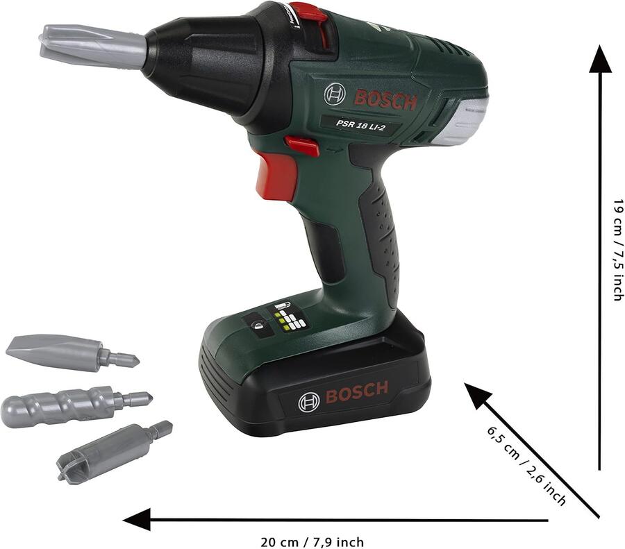 Theo Klein 8567 Avvitatore a Batteria Bosch, Cacciavite a Batterie con attacchi Rotanti e intercambiabili, Luce e Suono, Giocattoli per Bambini dai 3 Anni in su