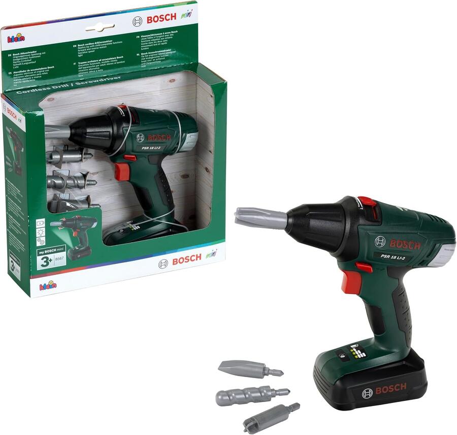Theo Klein 8567 Avvitatore a Batteria Bosch, Cacciavite a Batterie con attacchi Rotanti e intercambiabili, Luce e Suono, Giocattoli per Bambini dai 3 Anni in su