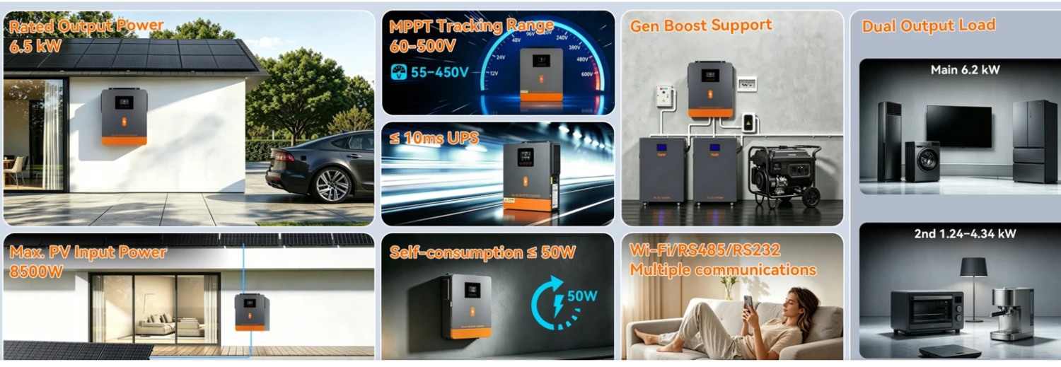 inverter POWERMR  6.5  kw ibrido 48 v, non cei 0-21 off grid completo di modulo wifi