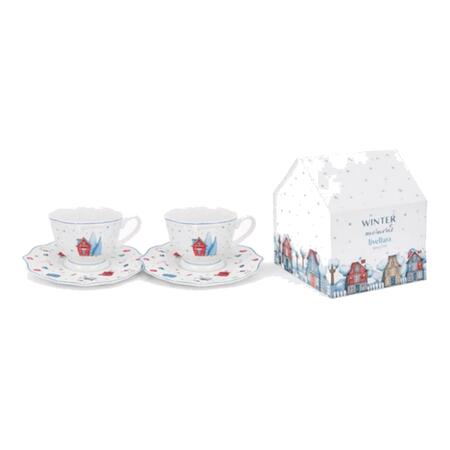Livellara Set 2 Tazze Tè 250ml Magia d’Inverno — porcellana con piattino, decoro casette innevate