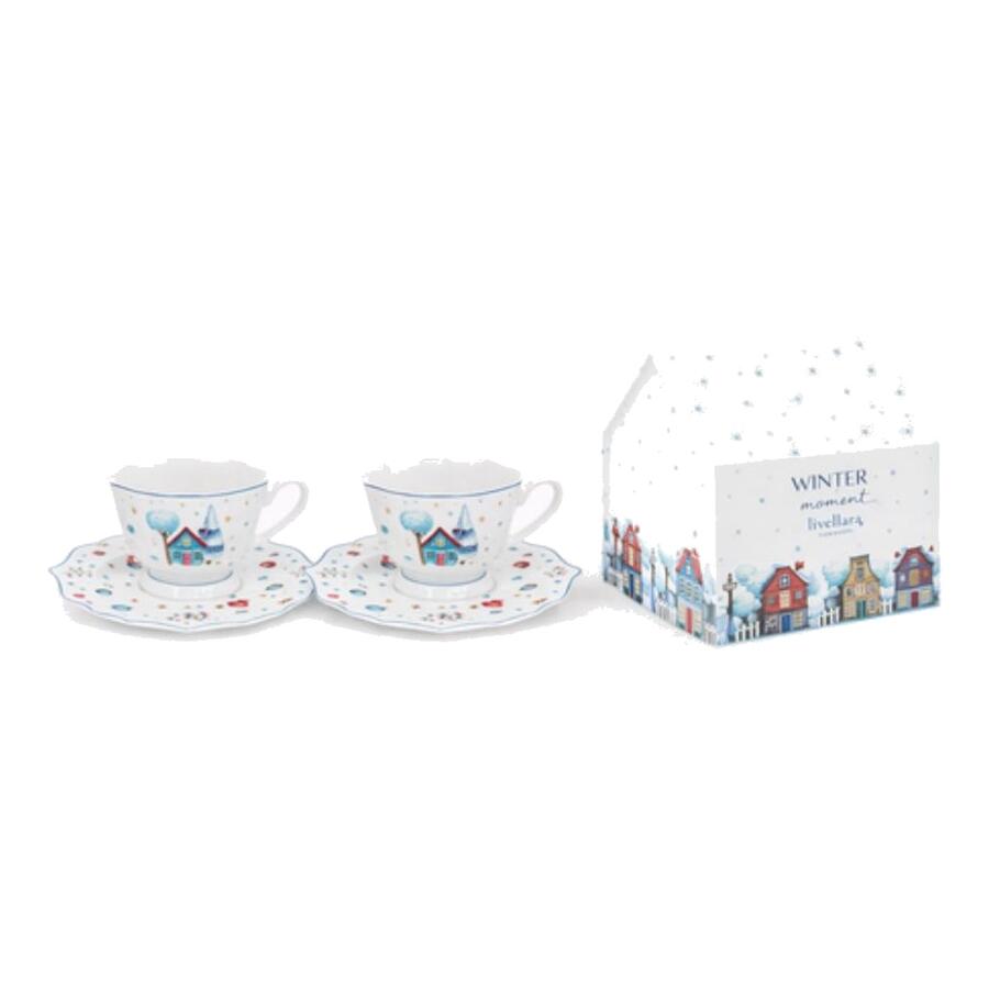 Livellara Set 2 Tazzine Caffè 90ml Magia d’Inverno — porcellana con piattino, decoro casette innevate
