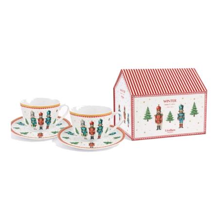 Livellara Set 2 Tazze Tè 250ml Schiaccianoci — porcellana con piattino, decoro soldatini natalizi