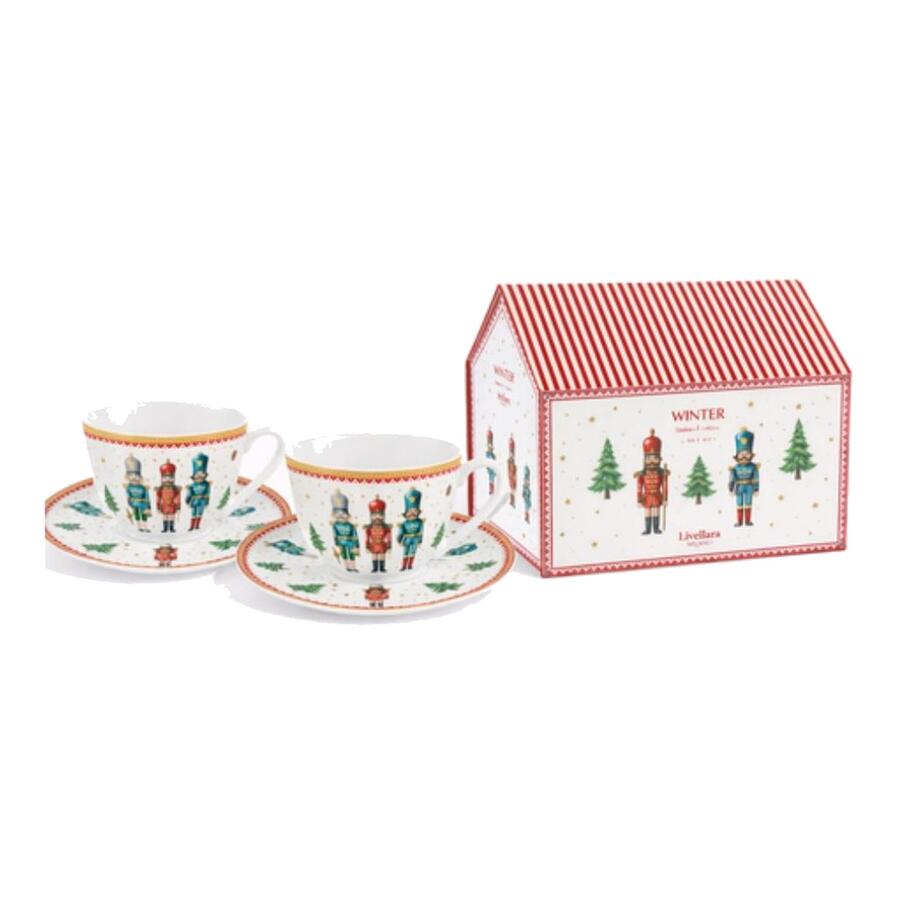 Livellara Set 2 Tazze Tè 250ml Schiaccianoci — porcellana con piattino, decoro soldatini natalizi