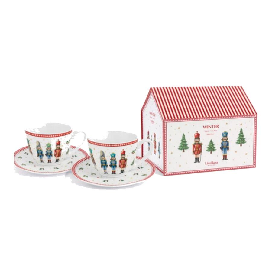 Livellara Set 2 Tazzine Caffè 90ml Schiaccianoci — porcellana con piattino, decoro soldatini natalizi