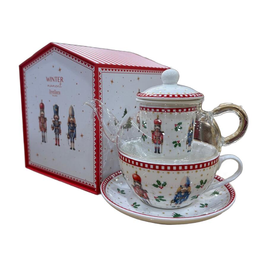 Livellara Tea for One Schiaccianoci — teiera con tazza in porcellana, decoro soldatini natalizi