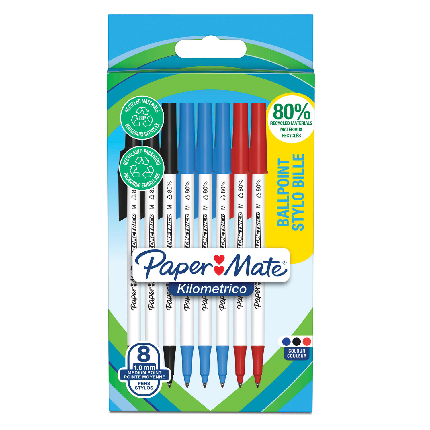 Penna a Sfera Kilometrico Recycled 1,0 mm Colori Assortiti PAPER MATE - conf. 8 pz