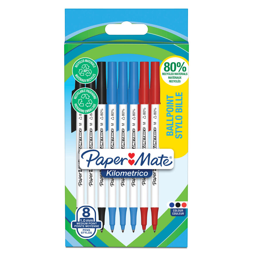 Penna a Sfera Kilometrico Recycled 1,0 mm Colori Assortiti PAPER MATE - conf. 8 pz
