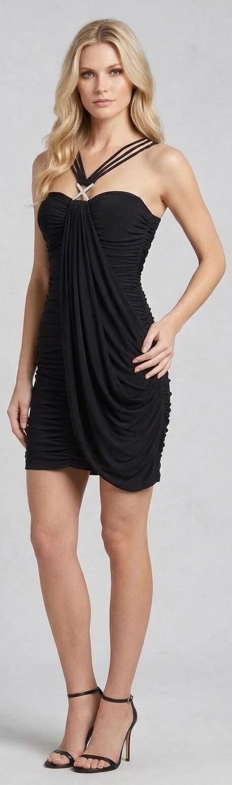 1073 Tubino nero in jersey elastico con cuciture arricciate e lacci ad incrocio 