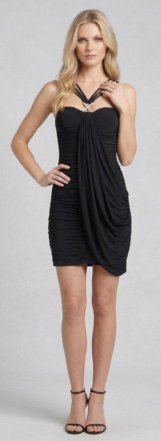 1073 Tubino nero in jersey elastico con cuciture arricciate e lacci ad incrocio 