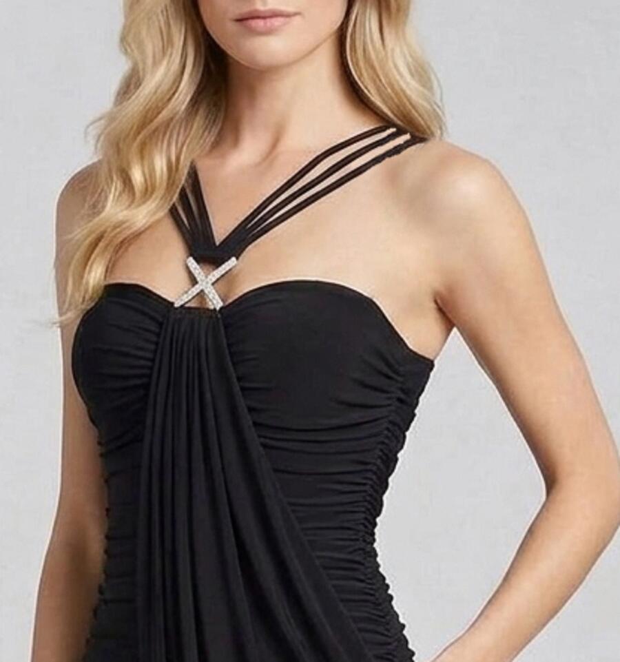 1073 Tubino nero in jersey elastico con cuciture arricciate e lacci ad incrocio 